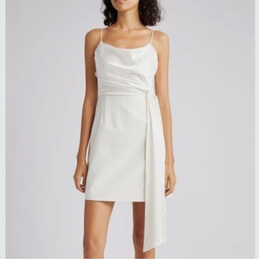 Cinq a Sept Cara Ivory Short Draped-Tie Satin Silk Combo Mini Dress